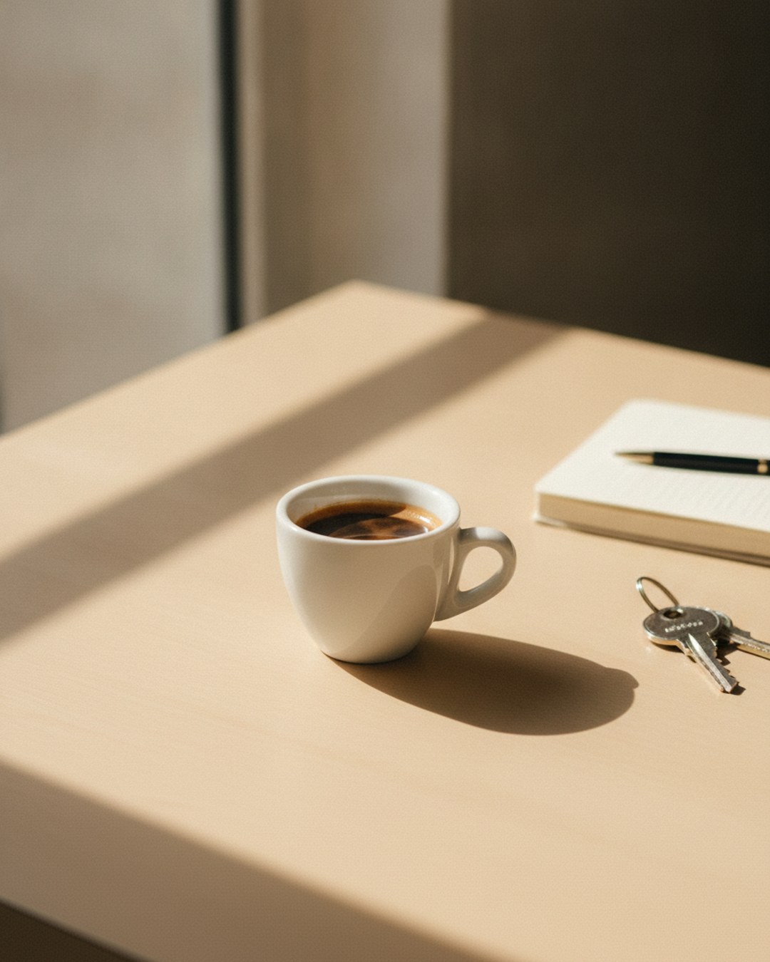 A coffee cup, notebook and keys on a sunlit table